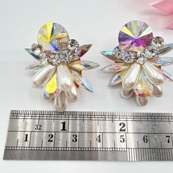 Vintage Rhinestone Earrings AB Rivoli Navettes Runway Ballroom Faux Pearls Bling - Picture 15 of 17